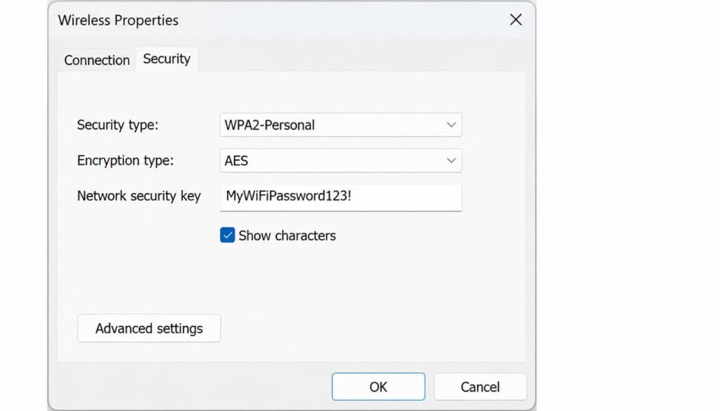 Windows Wireless Properties Security tab showing WiFi password with Show Characters checked