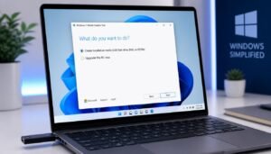 Windows 11 media creation tool running on laptop with USB drive