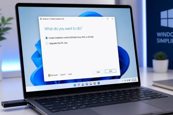 Windows 11 media creation tool running on laptop with USB drive