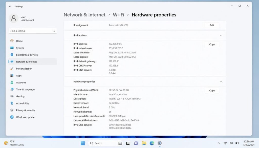 Windows 11 network settings menu showing IPv4 address and hardware properties