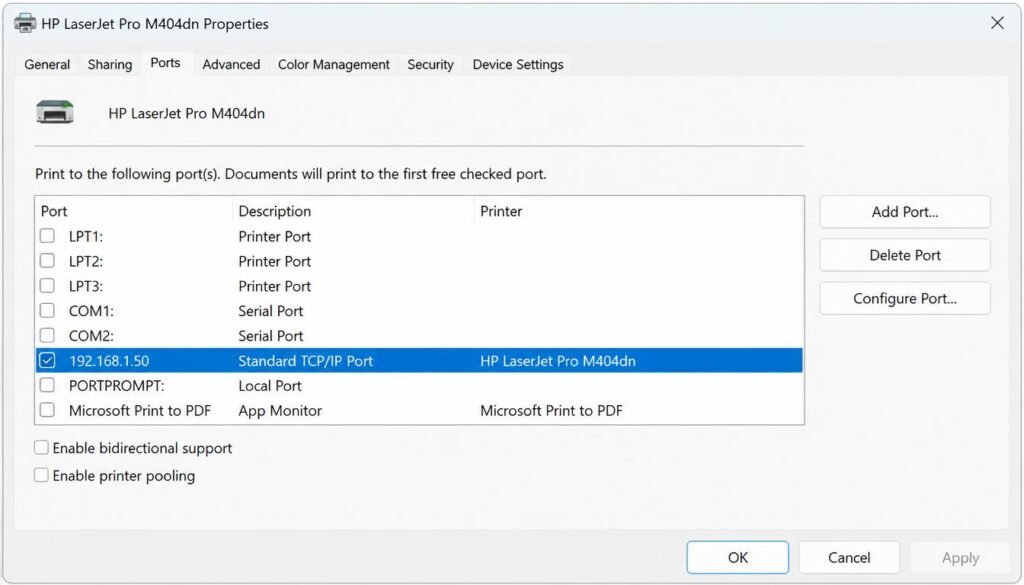 Windows 11 printer properties Ports tab showing IP address