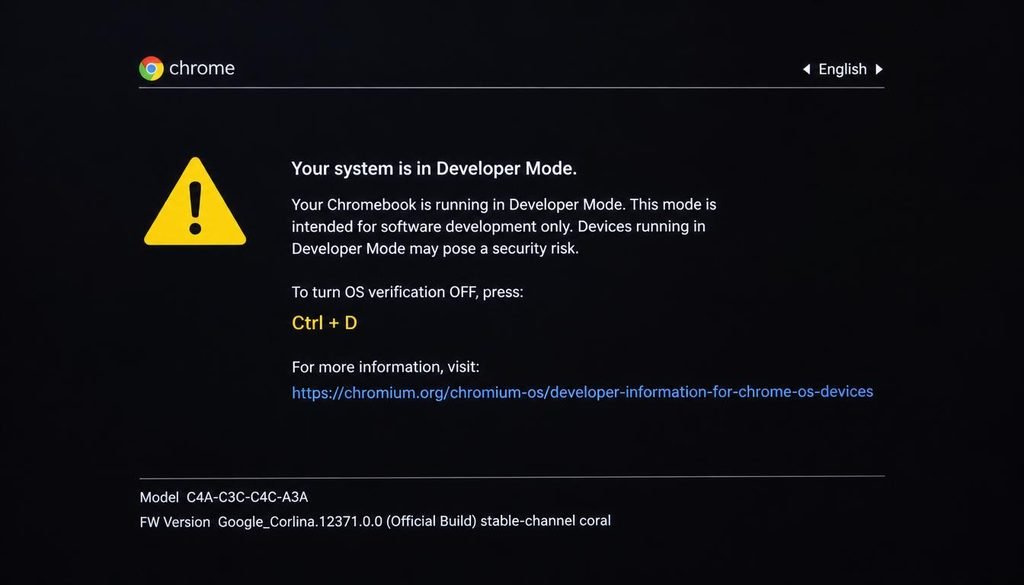 Chromebook recovery screen showing Developer Mode warning