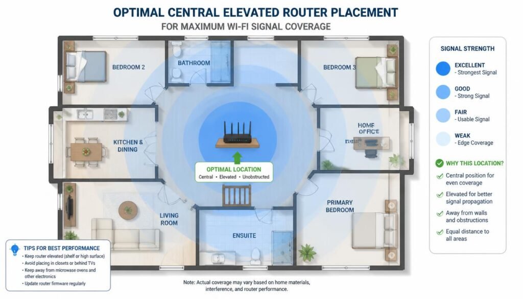 Diagram showing optimal central elevated router placement in a home layout for maximum Wi-Fi signal coverage