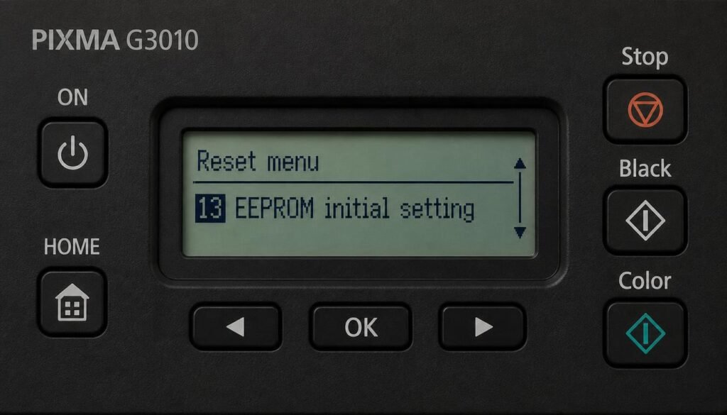 Canon PIXMA G3010 LCD panel showing numeric reset menu option 13