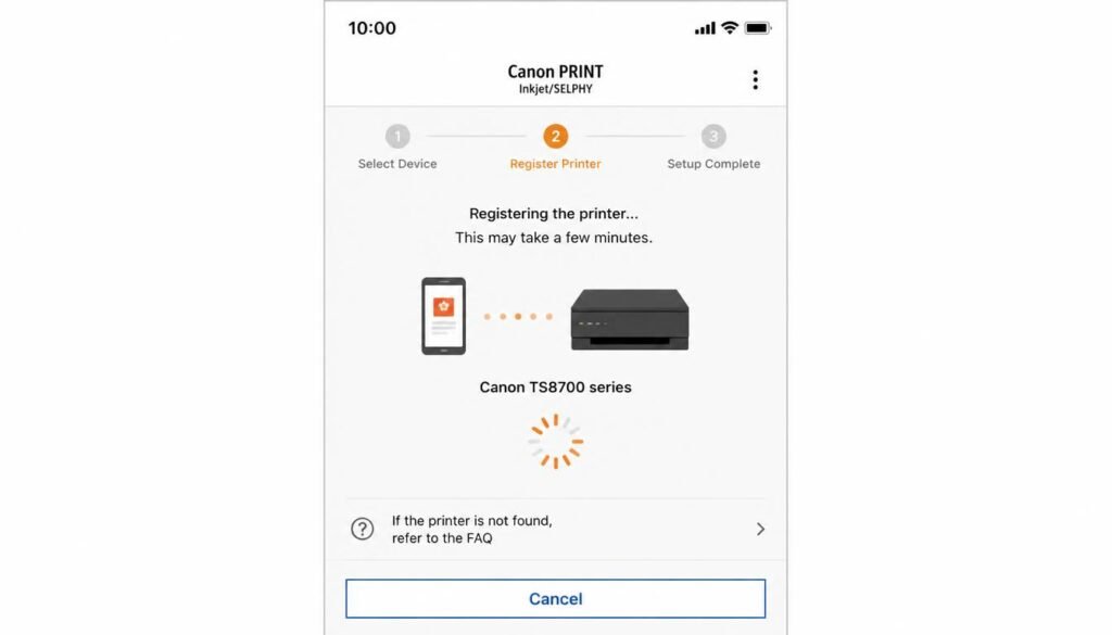 Canon PRINT app screen during Easy Wireless Connect printer registration