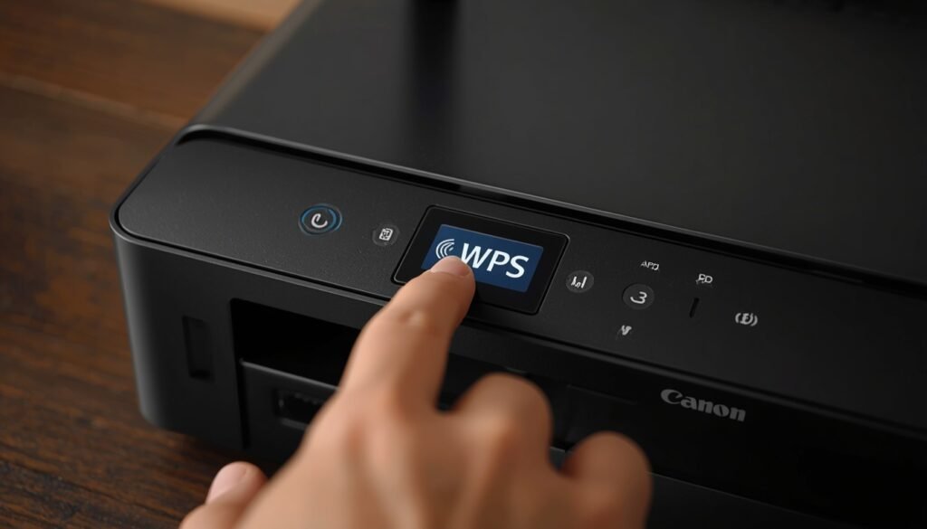 WPS button being pressed on a router next to a Canon printer