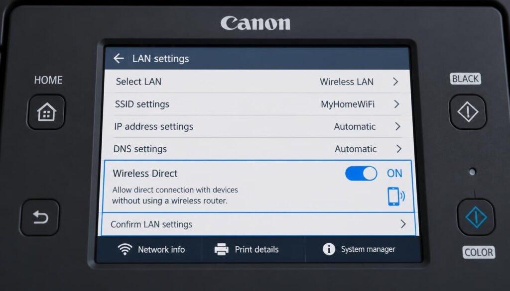 Canon printer LAN settings screen with Wireless Direct toggle