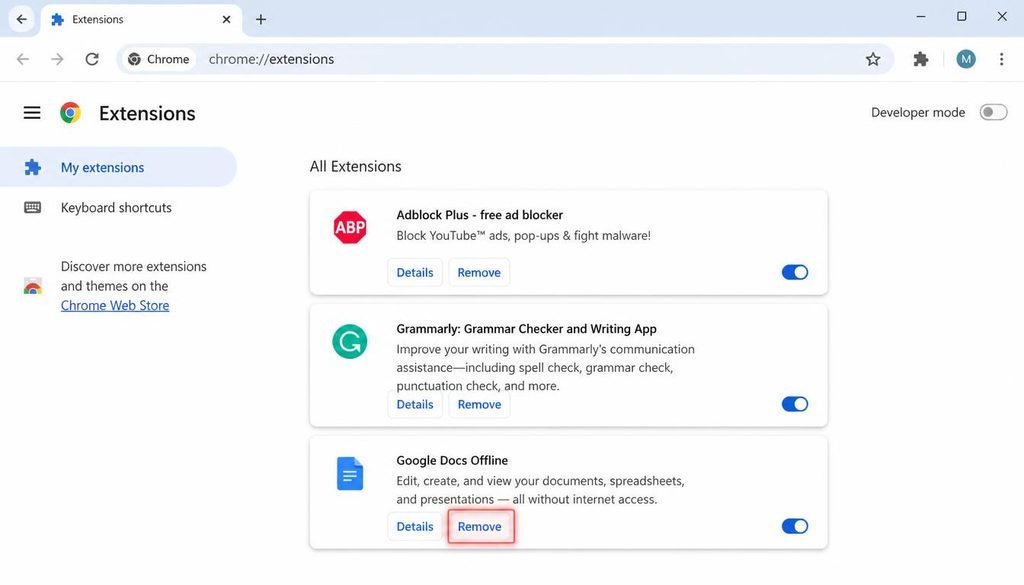 How to Delete Chrome Extensions
chrome extensions page with Remove button highlighted