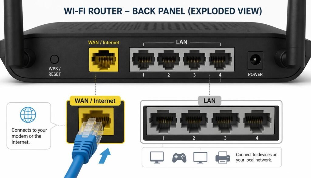 How to Set Up a Router
Diagram showing Ethernet cable connecting from modem to router WAN Internet port