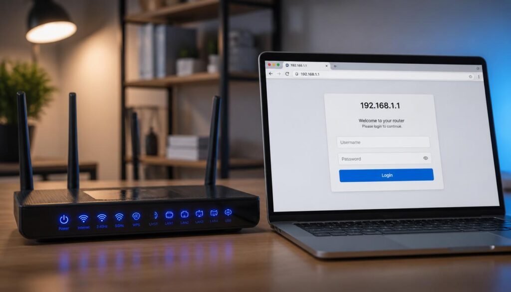 A modern Wi-Fi router on a wooden desk next to a laptop displaying a 192.168.1.1 router login settings page