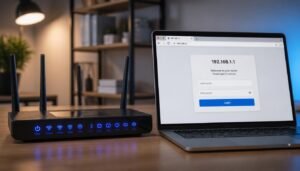 A modern Wi-Fi router on a wooden desk next to a laptop displaying a 192.168.1.1 router login settings page