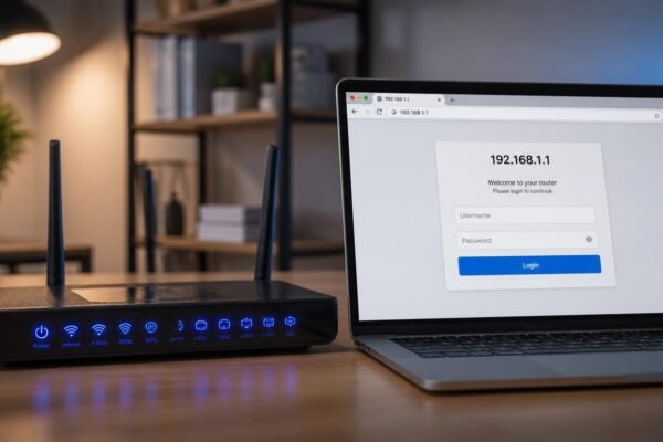 A modern Wi-Fi router on a wooden desk next to a laptop displaying a 192.168.1.1 router login settings page