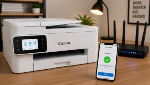 A modern Canon PIXMA wireless printer sitting on a desk connected to a WiFi router and a smartphone displaying the Canon PRINT app
