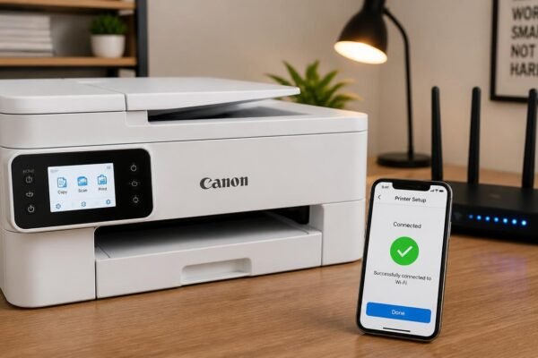 A modern Canon PIXMA wireless printer sitting on a desk connected to a WiFi router and a smartphone displaying the Canon PRINT app