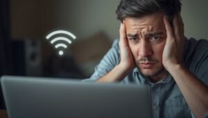 Frustrated person looking at a slow loading spinner on a laptop with a WiFi router in the backgroun