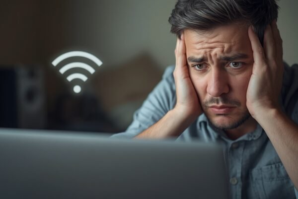 Frustrated person looking at a slow loading spinner on a laptop with a WiFi router in the backgroun