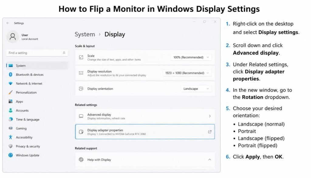 Quick answer showing how to flip a monitor in Windows Display Settings