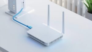 A modern dual-band WiFi router connected to a modem with labeled WAN and LAN ports for setup guide