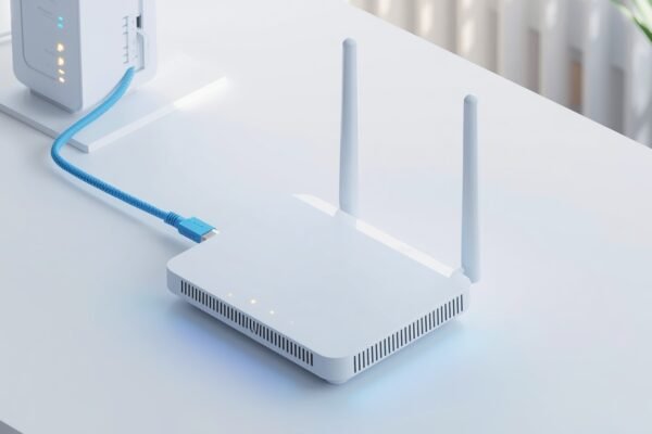 A modern dual-band WiFi router connected to a modem with labeled WAN and LAN ports for setup guide
