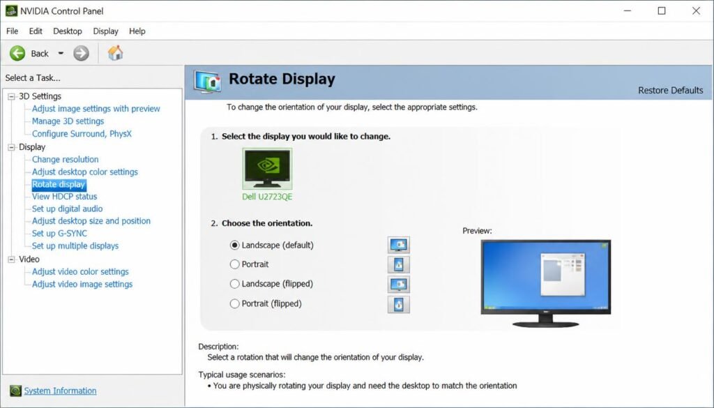 NVIDIA Control Panel rotate display menu for flipping a monitor