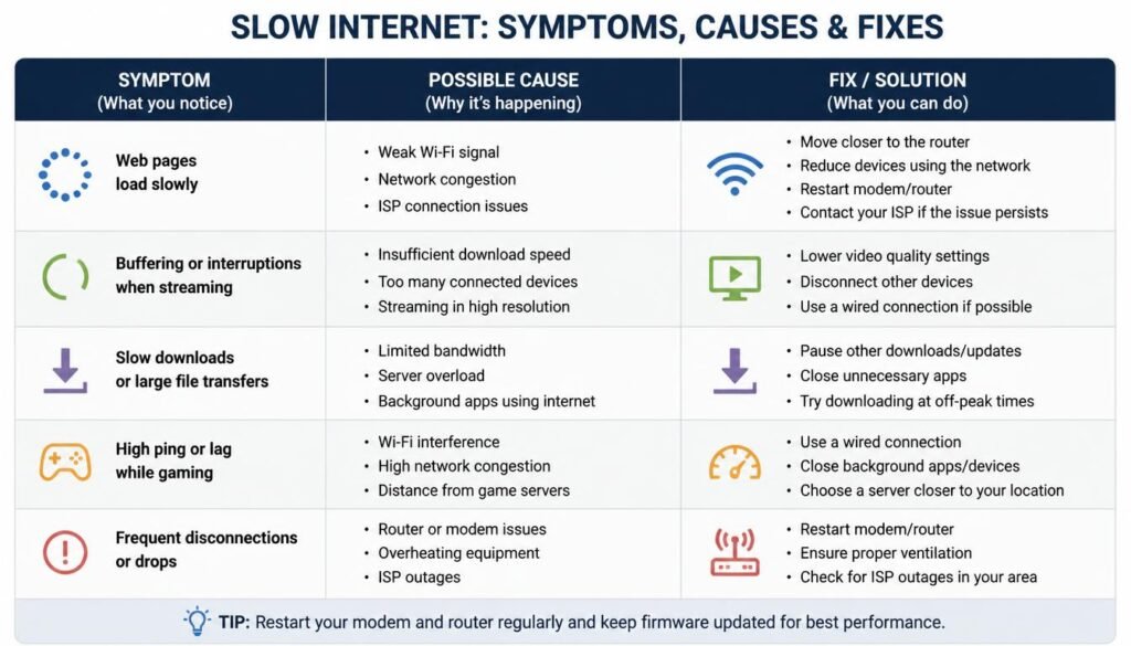 How to Fix Slow Internet
Diagnostic table matching slow internet symptoms to causes and fixes