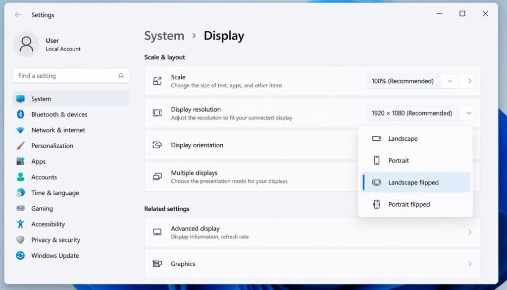 Windows Display Settings orientation dropdown showing Landscape flipped option