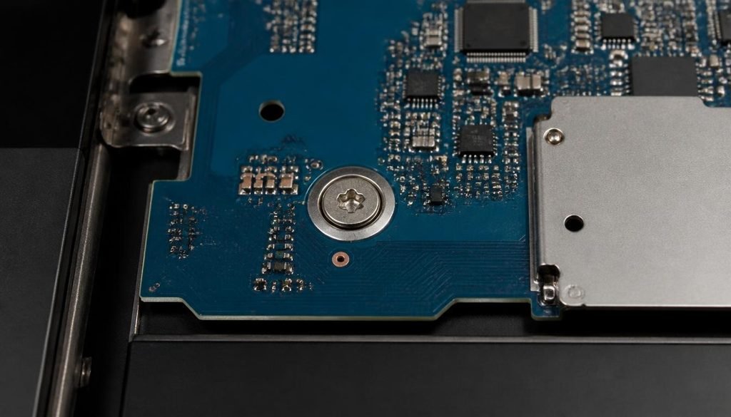 Close-up of a Chromebook motherboard with write-protect screw highlighted